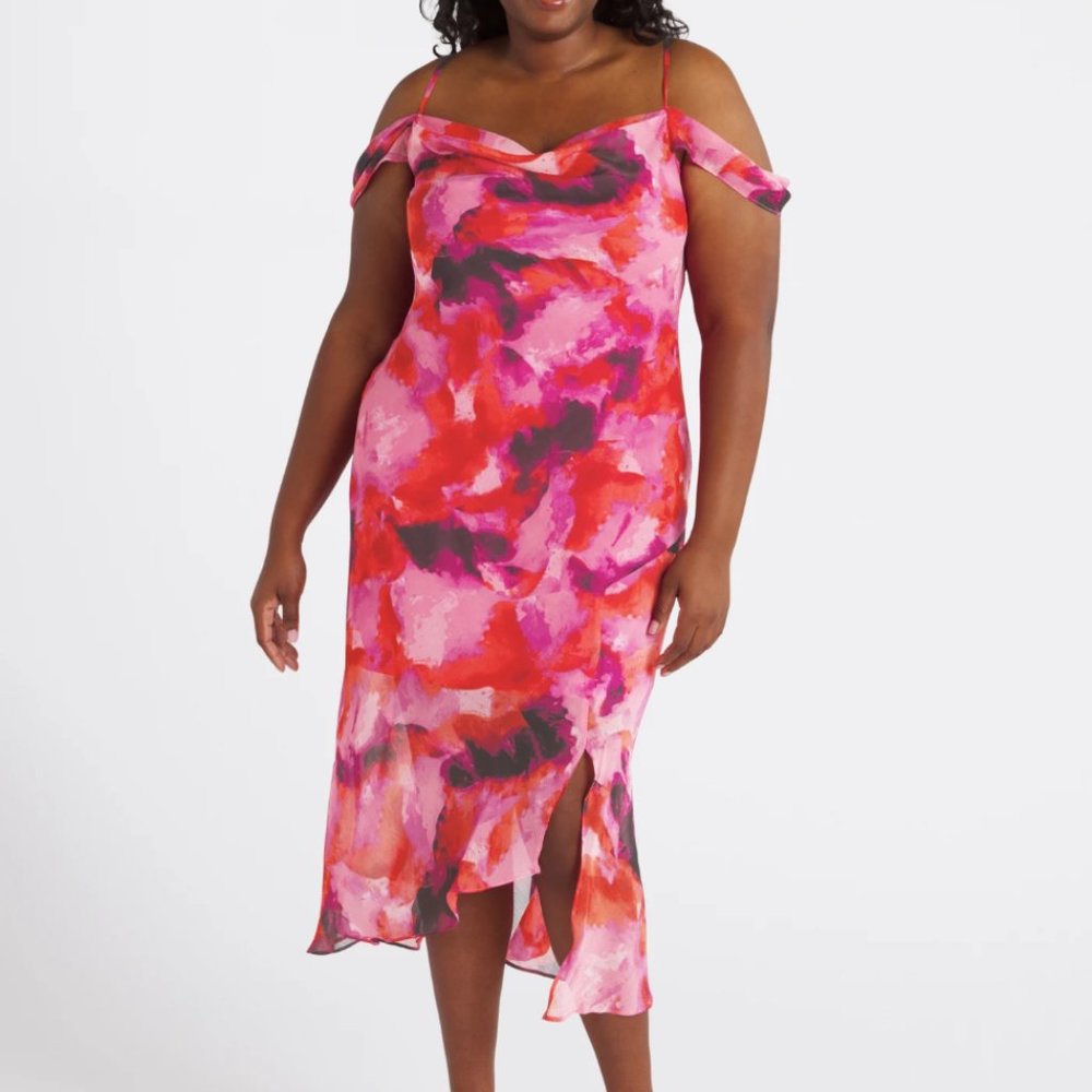 Pink & Red Abstract Print Midi Dress – Off-Shoulder with Slit